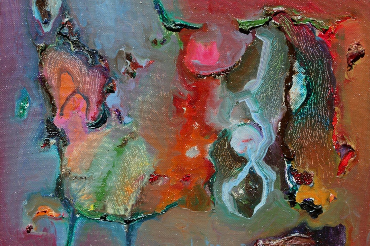Pittura a olio materica con forme organiche audaci e colorate.